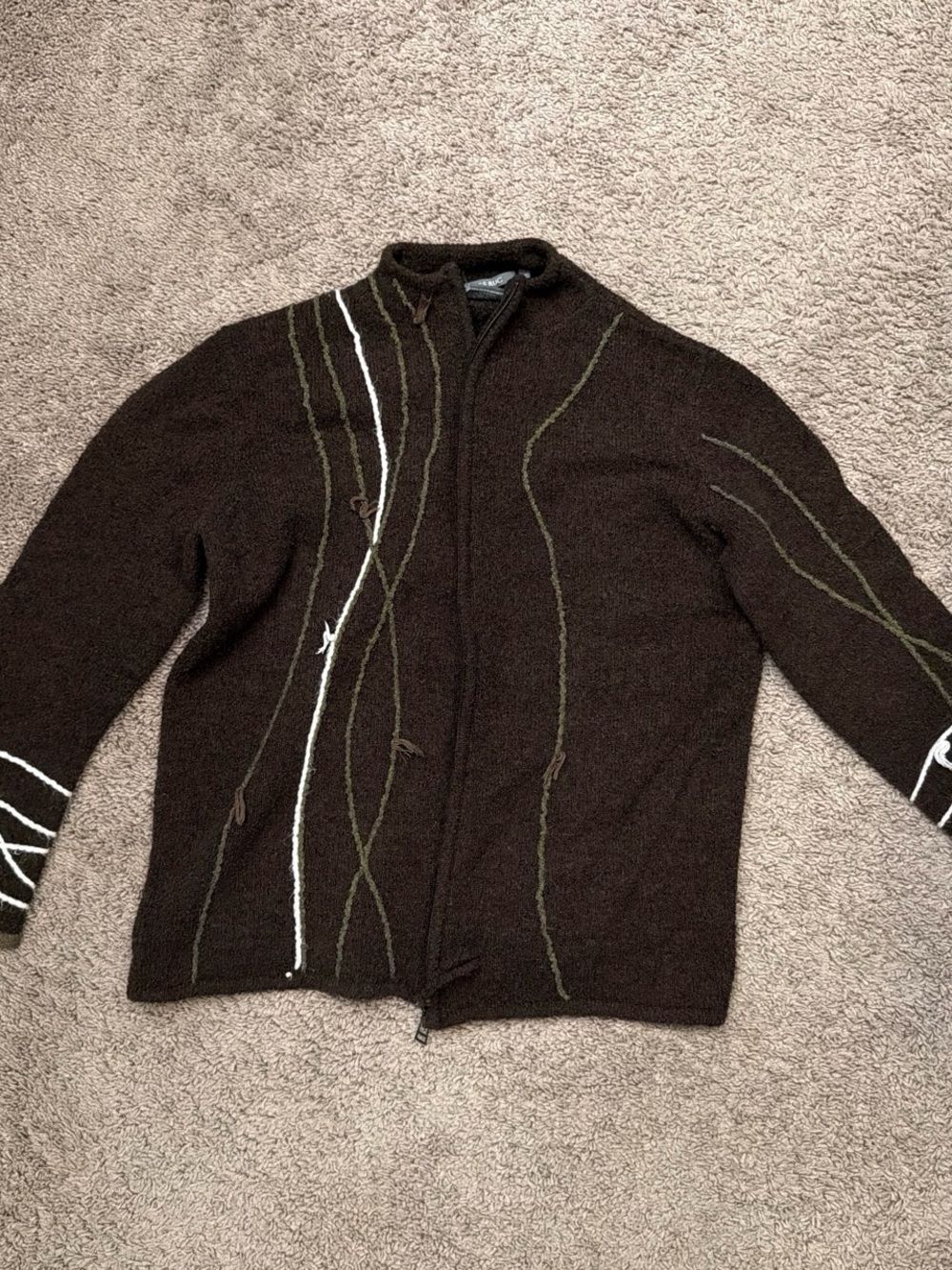 Vintage wool blend Women’s Brown Full-Zip Sweater with Contrast Stitching